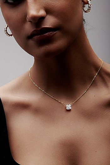 Gold Finish Square-Shaped Cubic Zirconia & Crystal Pendant Necklace In Sterling Silver by MISS JO at Pernia's Pop Up Shop