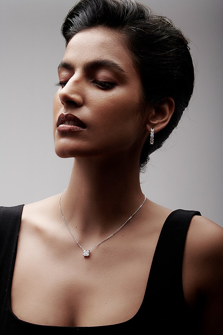 White Rhodium Finish Square-Shaped Cubic Zirconia & Crystal Pendant Necklace In Sterling Silver by MISS JO at Pernia's Pop Up Shop
