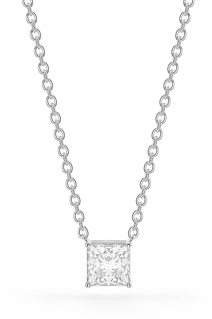 White Rhodium Finish Square-Shaped Cubic Zirconia & Crystal Pendant Necklace In Sterling Silver by MISS JO at Pernia's Pop Up Shop