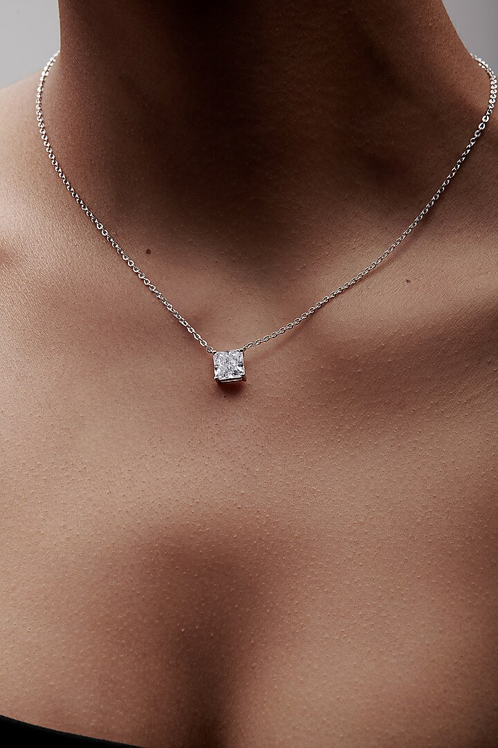 White Rhodium Finish Square-Shaped Cubic Zirconia & Crystal Pendant Necklace In Sterling Silver by MISS JO at Pernia's Pop Up Shop