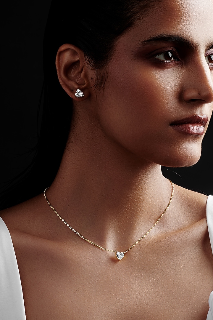 Gold Finish Heart-Shaped Cubic Zirconia & Crystal Pendant Necklace In Sterling Silver by MISS JO at Pernia's Pop Up Shop