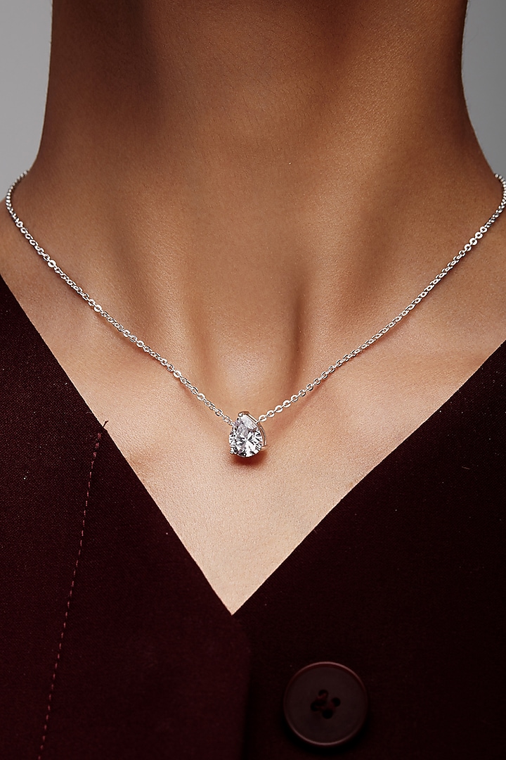 White Rhodium Finish Cubic Zirconia & Crystal Pendant Necklace In Sterling Silver by MISS JO at Pernia's Pop Up Shop