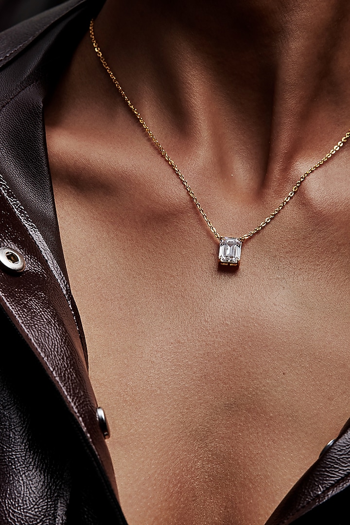 Gold Finish Emerald-Cut Cubic Zirconia & Crystal Pendant Necklace In Sterling Silver by MISS JO at Pernia's Pop Up Shop