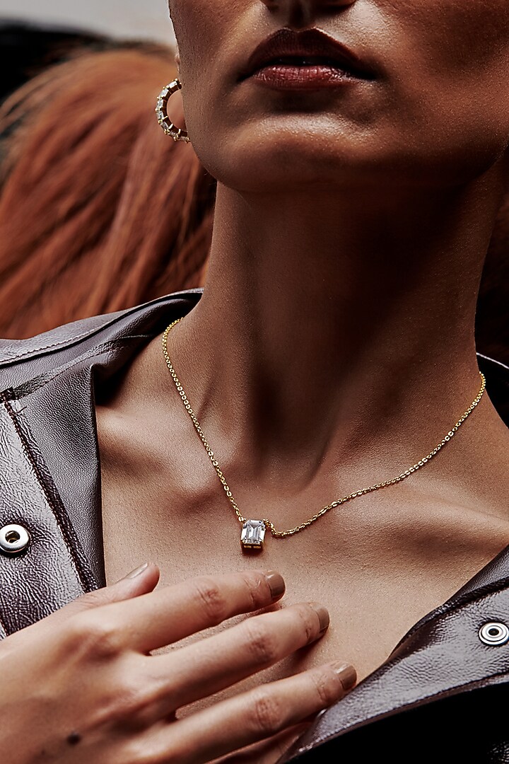 Gold Finish Emerald-Cut Cubic Zirconia & Crystal Pendant Necklace In Sterling Silver by MISS JO at Pernia's Pop Up Shop