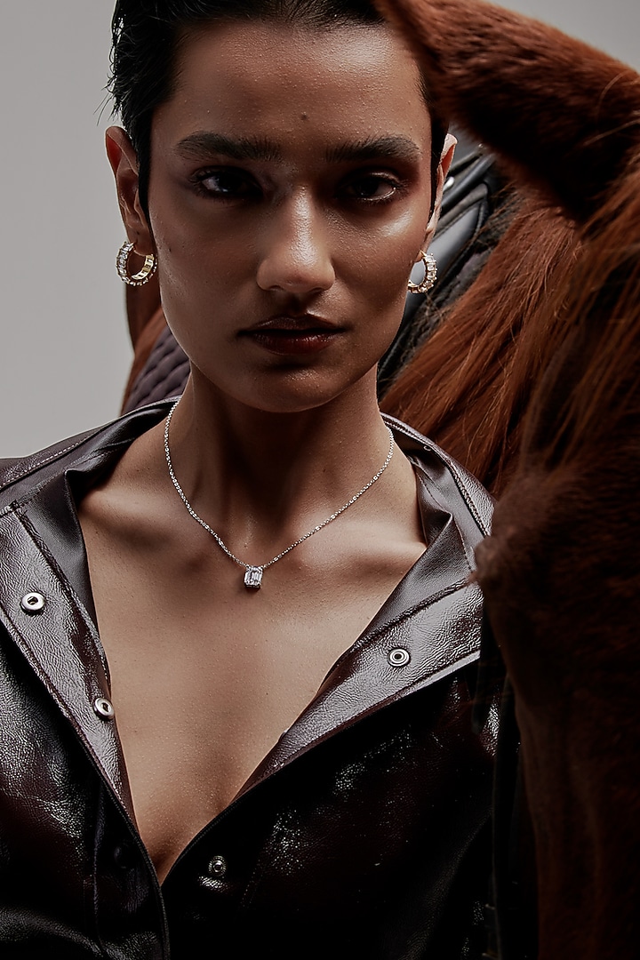 White Rhodium Finish Emerald-Cut Cubic Zirconia & Crystal Pendant Necklace In Sterling Silver by MISS JO at Pernia's Pop Up Shop