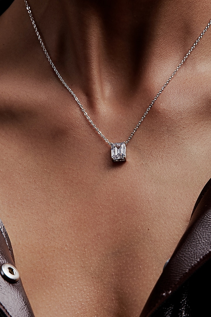 White Rhodium Finish Emerald-Cut Cubic Zirconia & Crystal Pendant Necklace In Sterling Silver by MISS JO at Pernia's Pop Up Shop