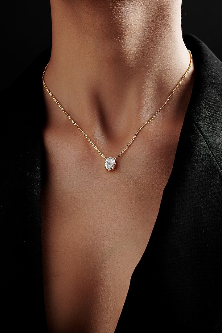 Gold Finish Oval-Shaped Cubic Zirconia & Crystal Pendant Necklace In Sterling Silver by MISS JO at Pernia's Pop Up Shop