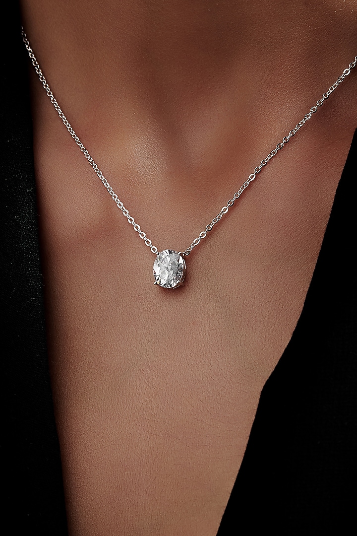 White Rhodium Finish Oval-Shaped Cubic Zirconia & Crystal Pendant Necklace In Sterling Silver by MISS JO at Pernia's Pop Up Shop