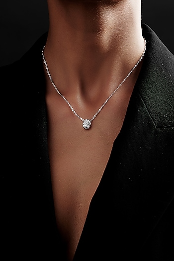 White Rhodium Finish Oval-Shaped Cubic Zirconia & Crystal Pendant Necklace In Sterling Silver by MISS JO at Pernia's Pop Up Shop