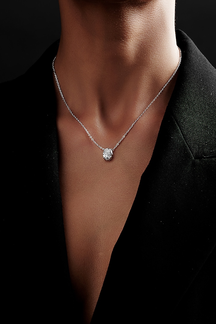 White Rhodium Finish Oval-Shaped Cubic Zirconia & Crystal Pendant Necklace In Sterling Silver by MISS JO at Pernia's Pop Up Shop