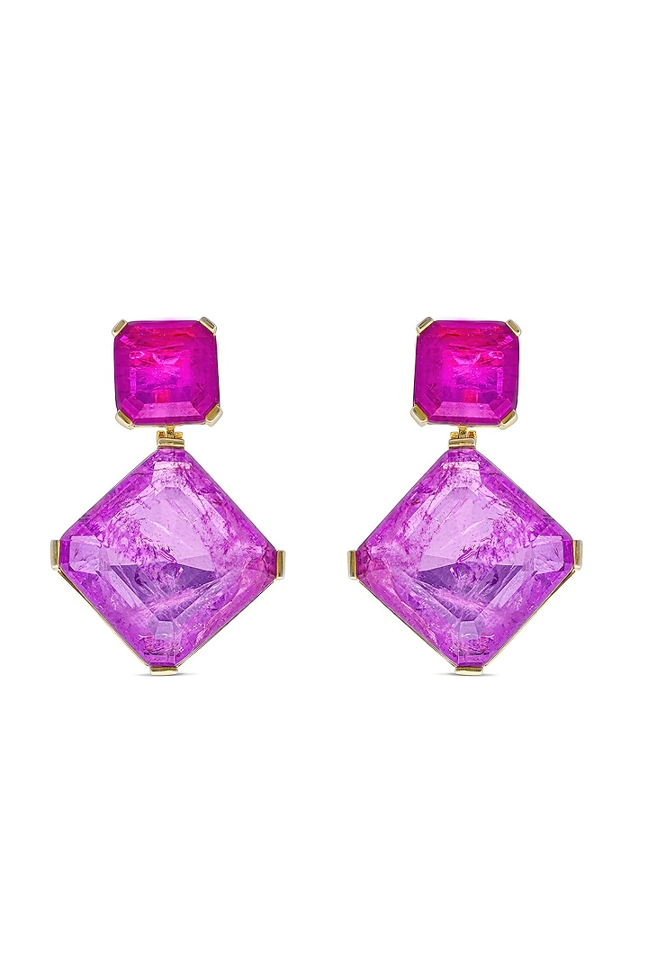 Gold Finish Neon Pink & Dark Magenta Natural Stone Dangler Earrings In Sterling Silver by MISS JO at Pernia's Pop Up Shop