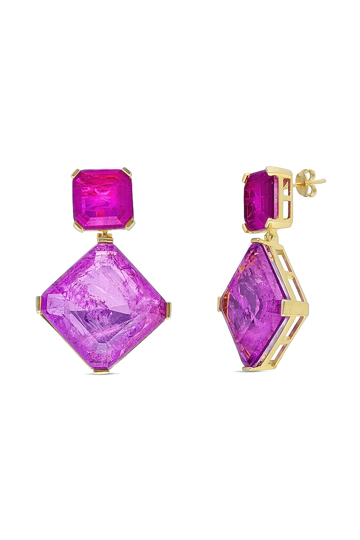 Gold Finish Neon Pink & Dark Magenta Natural Stone Dangler Earrings In Sterling Silver by MISS JO at Pernia's Pop Up Shop