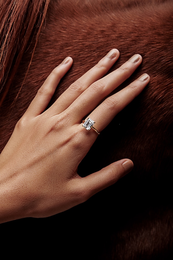 Gold Finish Emerald-Cut Cubic Zirconia Crystal Ring In Sterling Silver by MISS JO at Pernia's Pop Up Shop
