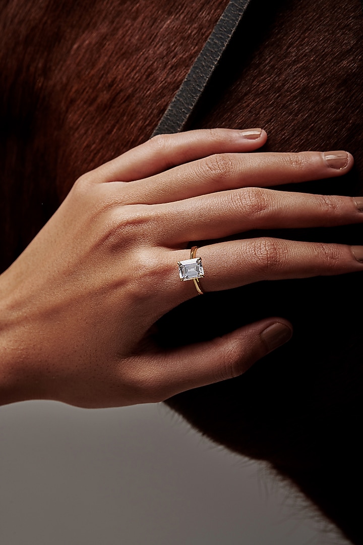 Gold Finish Emerald-Cut Cubic Zirconia Crystal Ring In Sterling Silver by MISS JO at Pernia's Pop Up Shop