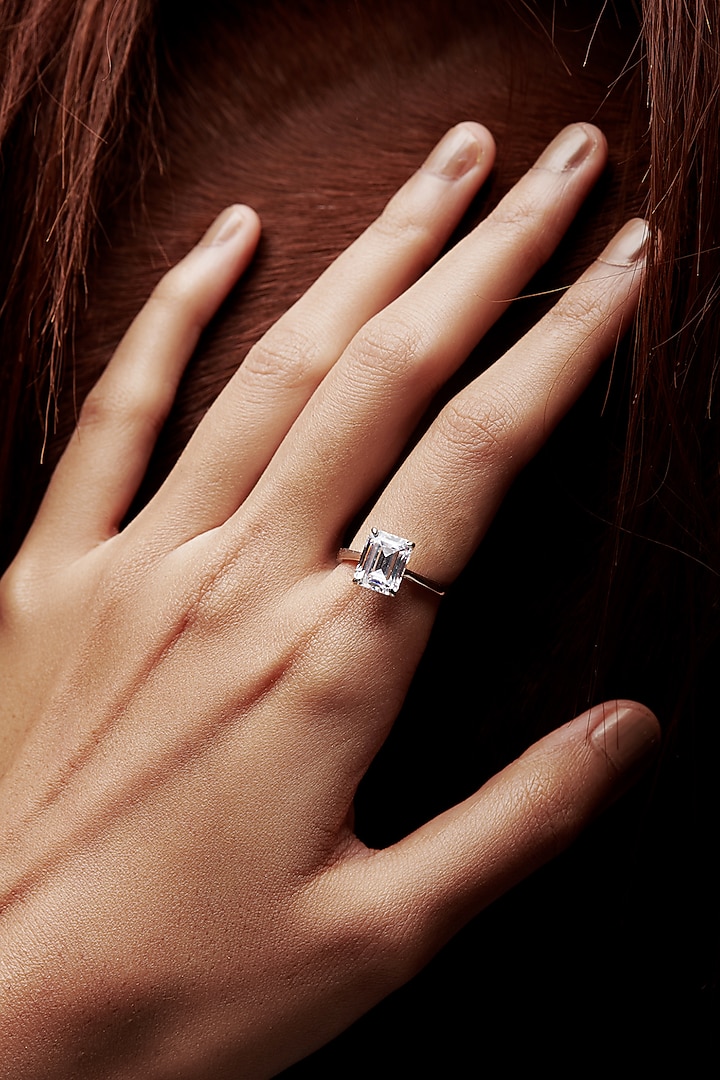 White Rhodium Finish Emerald-Cut Cubic Zirconia Crystal Ring In Sterling Silver by MISS JO at Pernia's Pop Up Shop
