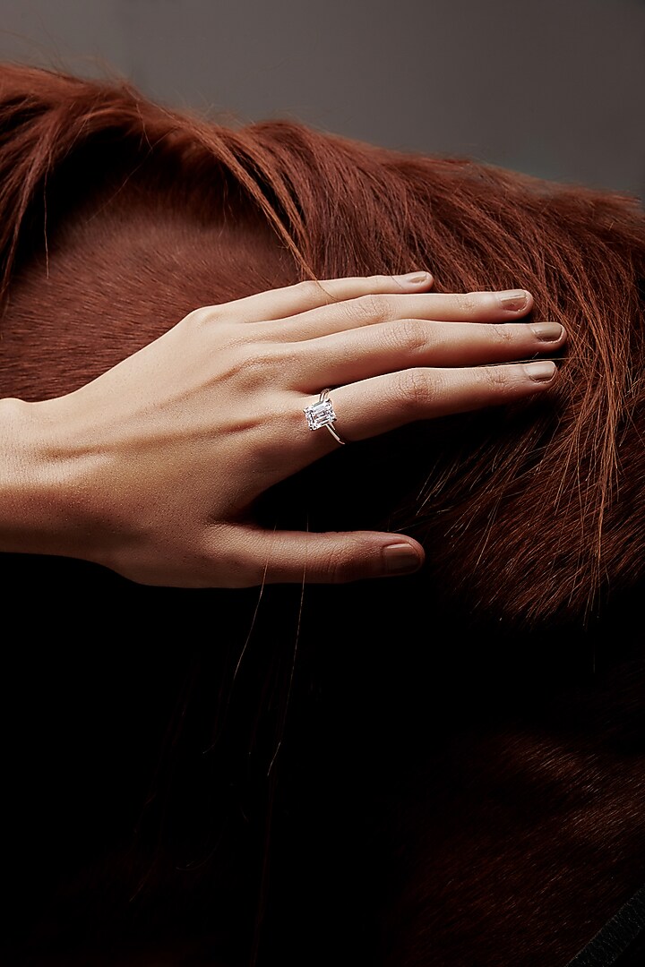 White Rhodium Finish Emerald-Cut Cubic Zirconia Crystal Ring In Sterling Silver by MISS JO at Pernia's Pop Up Shop