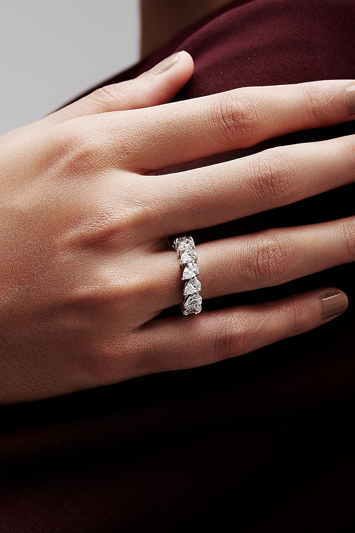 White Rhodium Finish Pear-Shaped Cubic Zirconia Crystal Ring In Sterling Silver by MISS JO at Pernia's Pop Up Shop