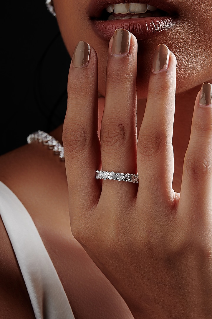 White Rhodium Finish Heart-Shaped Cubic Zirconia Crystal Ring In Sterling Silver by MISS JO at Pernia's Pop Up Shop