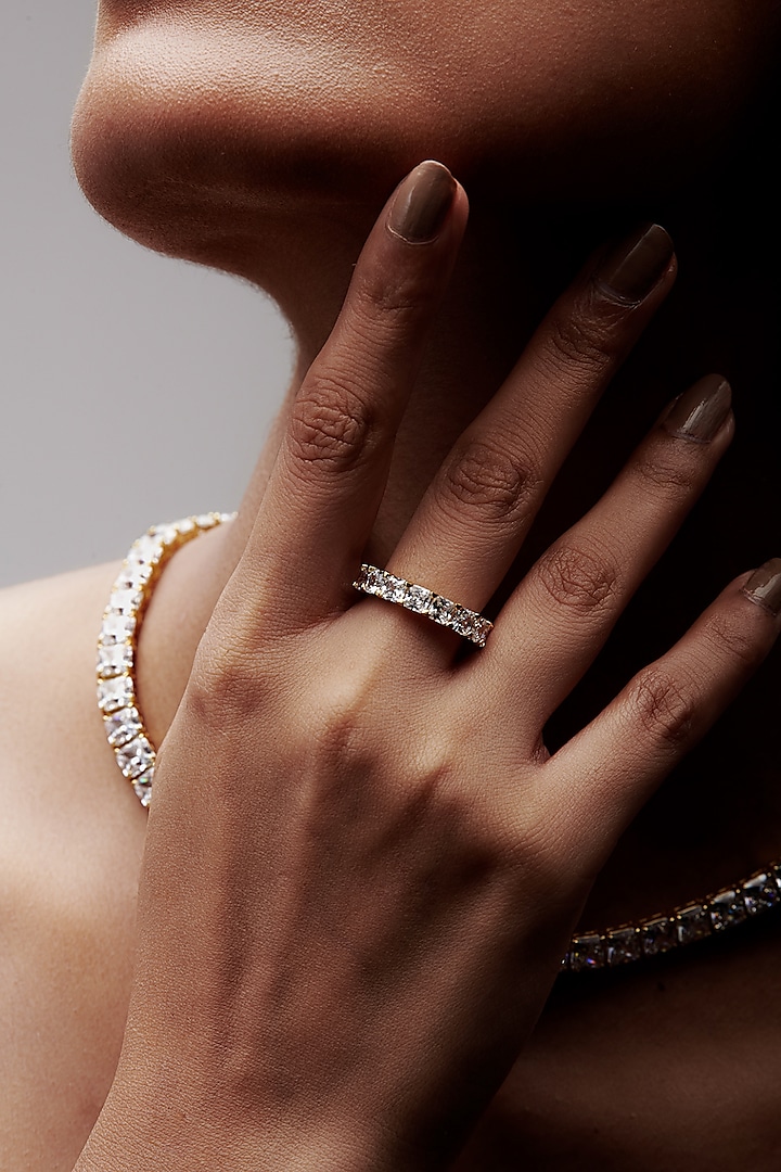 Gold Finish Square-Shaped Cubic Zirconia Crystal Ring In Sterling Silver by MISS JO at Pernia's Pop Up Shop