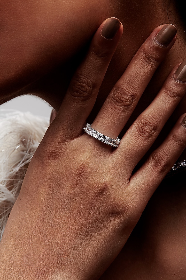 White Rhodium Finish Square-Shaped Cubic Zirconia Crystal Ring In Sterling Silver by MISS JO at Pernia's Pop Up Shop