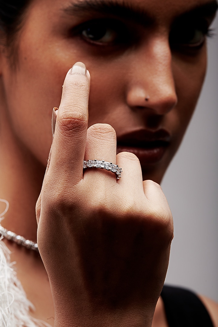 White Rhodium Finish Square-Shaped Cubic Zirconia Crystal Ring In Sterling Silver by MISS JO at Pernia's Pop Up Shop