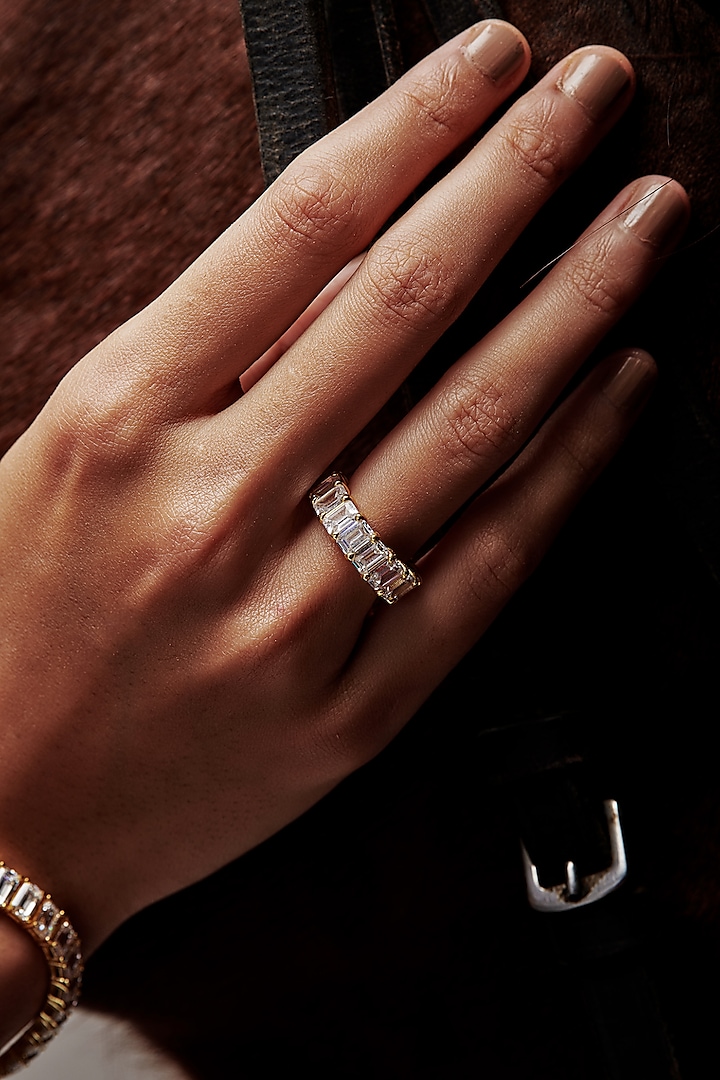 Gold Finish Emerald-Cut Cubic Zirconia Crystal Ring In Sterling Silver by MISS JO at Pernia's Pop Up Shop