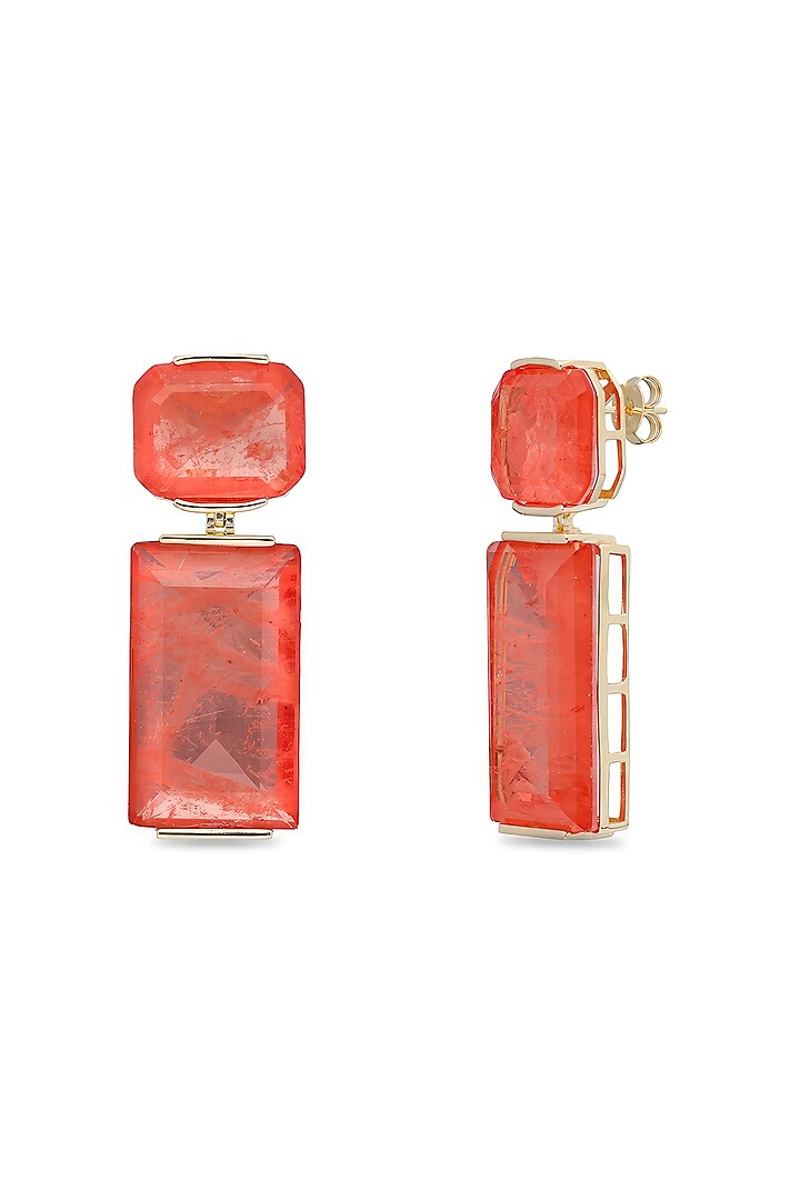 Gold Finish Coral Orange Natural Stone Dangler Earrings In Sterling Silver by MISS JO at Pernia's Pop Up Shop