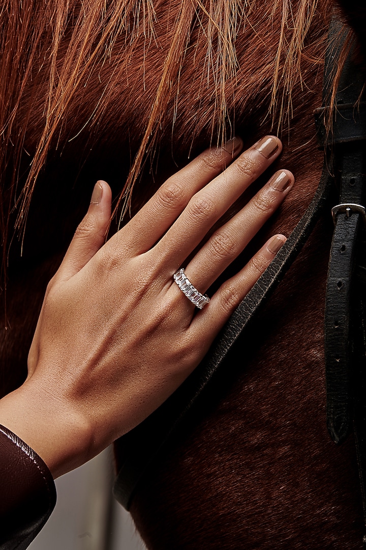 White Rhodium Finish Emerald-Cut Cubic Zirconia Crystal Ring In Sterling Silver by MISS JO at Pernia's Pop Up Shop