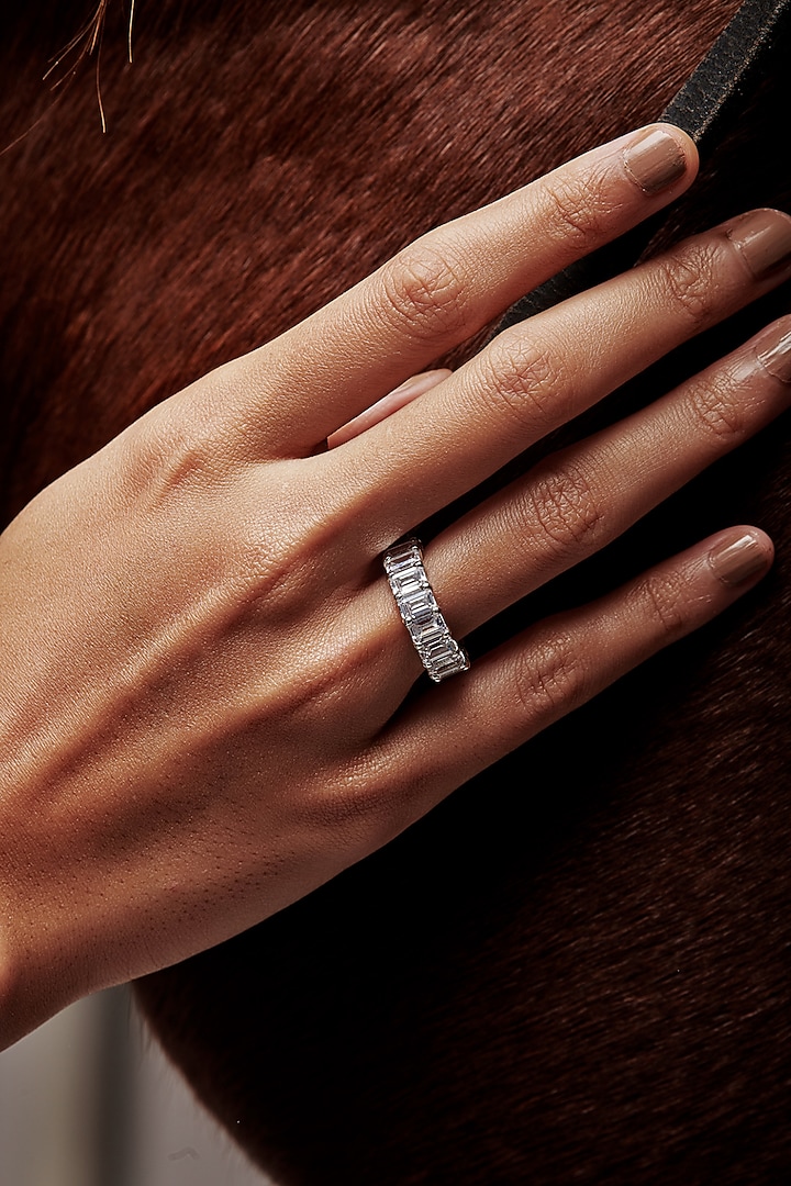 White Rhodium Finish Emerald-Cut Cubic Zirconia Crystal Ring In Sterling Silver by MISS JO at Pernia's Pop Up Shop