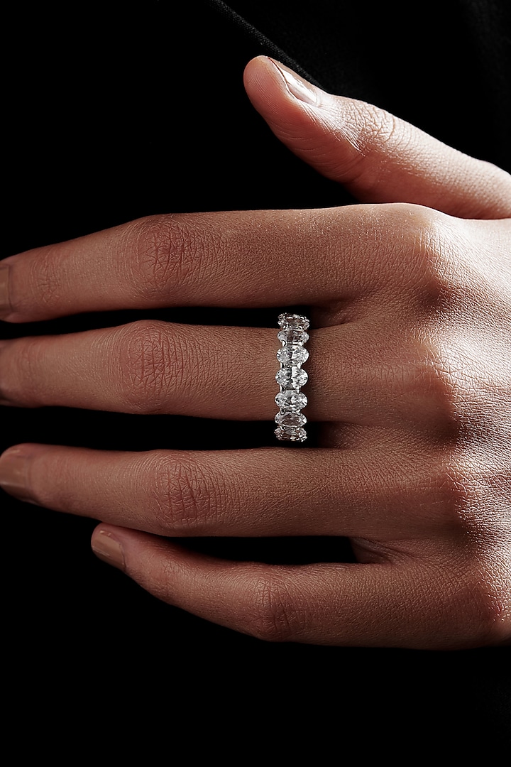 White Rhodium Finish Oval-Shaped Cubic Zirconia Crystal Ring In Sterling Silver by MISS JO at Pernia's Pop Up Shop