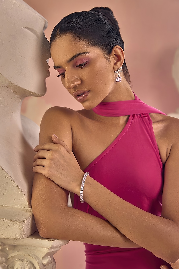 White Rhodium Finish Pink & White Cubic Zirconia Crystal Tennis Bracelet In Sterling Silver by MISS JO at Pernia's Pop Up Shop