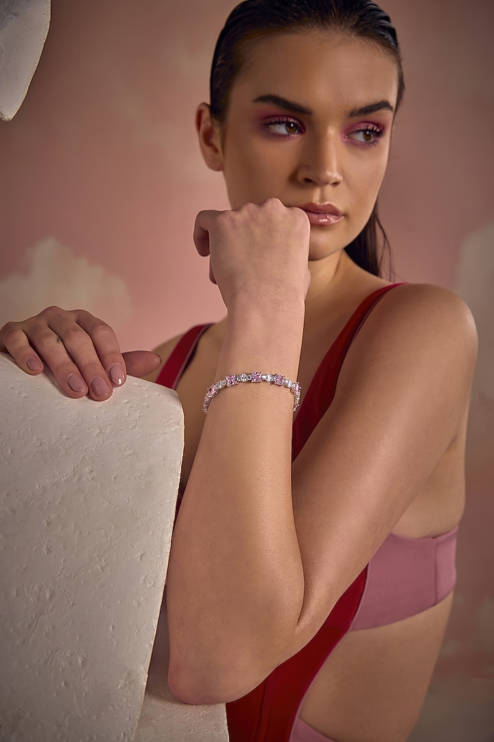 White Rhodium Finish Pink Cubic Zirconia Crystal Tennis Bracelet In Sterling Silver by MISS JO at Pernia's Pop Up Shop