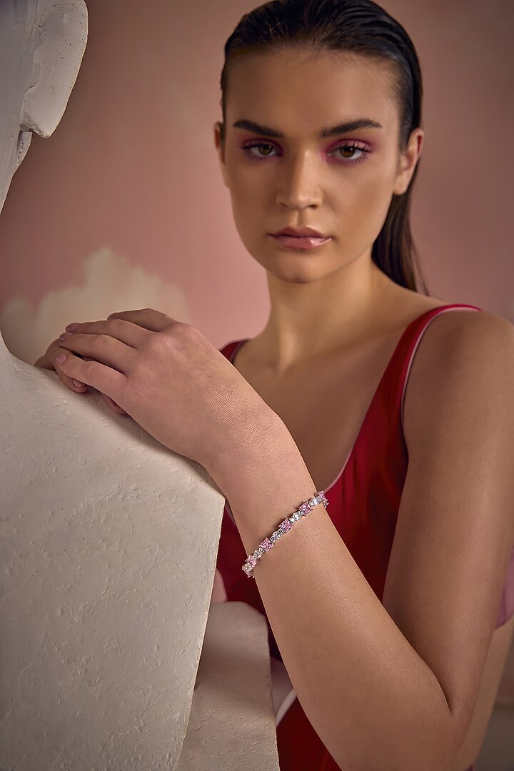 White Rhodium Finish Pink Cubic Zirconia Crystal Tennis Bracelet In Sterling Silver by MISS JO at Pernia's Pop Up Shop