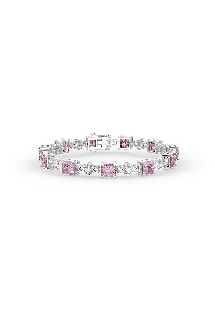 White Rhodium Finish Pink Cubic Zirconia Crystal Tennis Bracelet In Sterling Silver by MISS JO at Pernia's Pop Up Shop