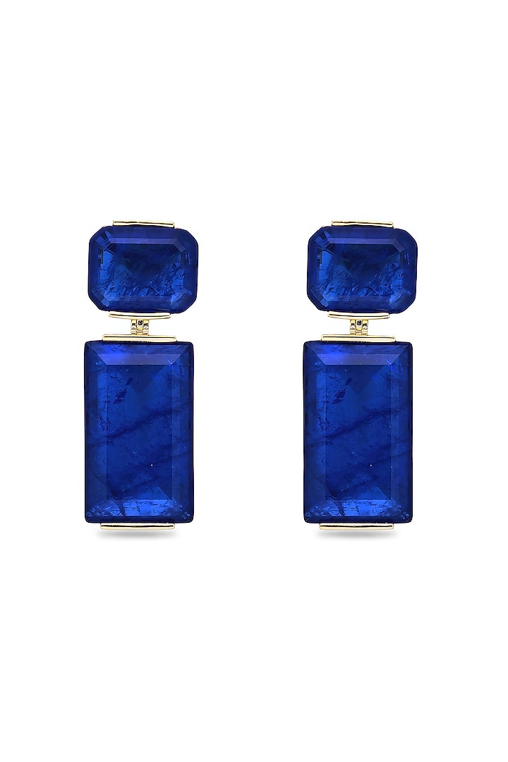 Gold Finish Dark Blue Natural Stone Dangler Earrings In Sterling Silver by MISS JO at Pernia's Pop Up Shop