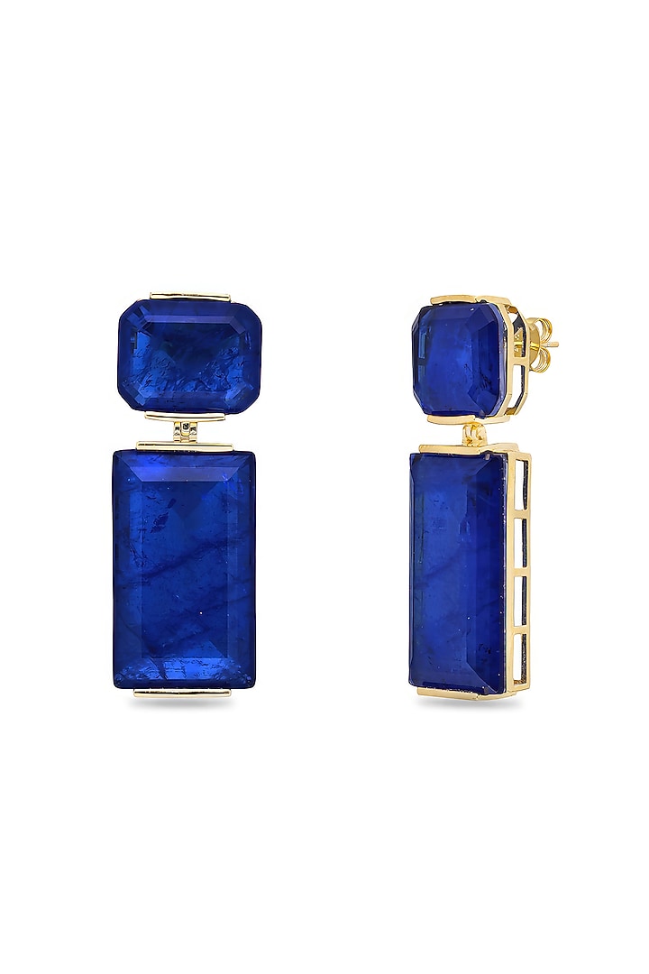Gold Finish Dark Blue Natural Stone Dangler Earrings In Sterling Silver by MISS JO at Pernia's Pop Up Shop