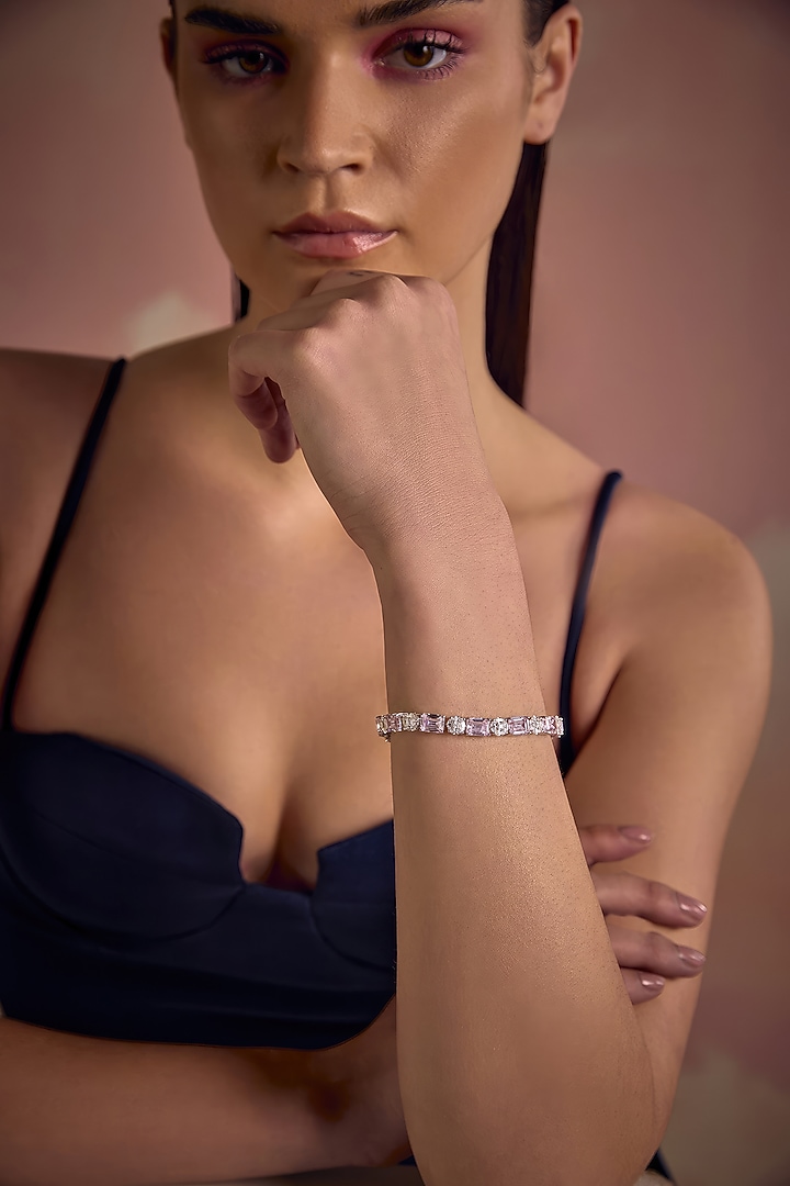 White Rhodium Finish Pink & White Cubic Zirconia Crystal Tennis Bracelet In Sterling Silver by MISS JO at Pernia's Pop Up Shop