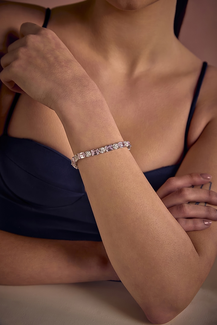 White Rhodium Finish Pink & White Cubic Zirconia Crystal Tennis Bracelet In Sterling Silver by MISS JO at Pernia's Pop Up Shop