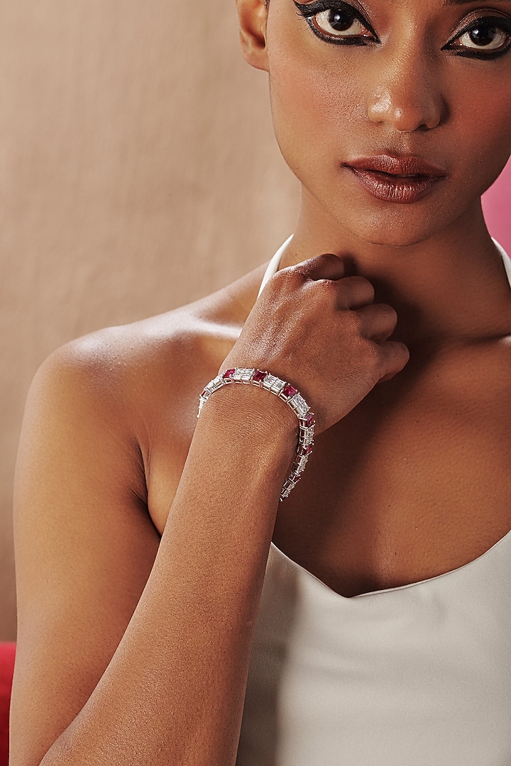 White Rhodium Finish Square-Shaped Ruby & White Cubic Zirconia Crystal Tennis Bracelet In Sterling Silver by MISS JO at Pernia's Pop Up Shop