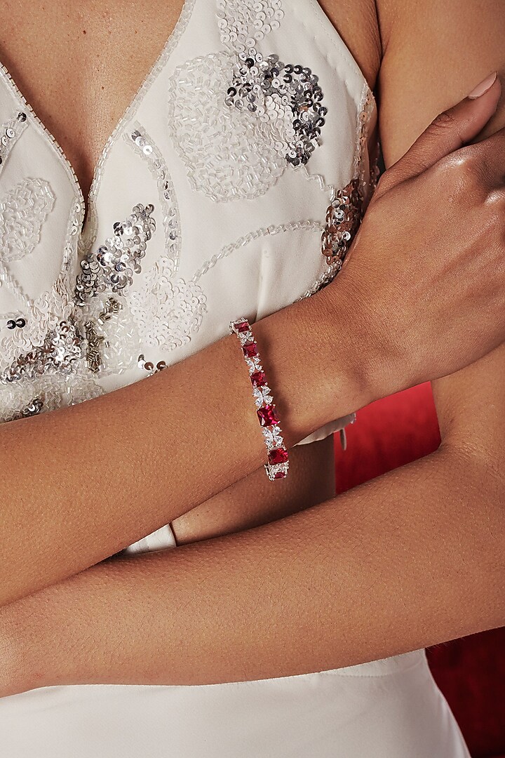 White Rhodium Finish Square-Shaped Ruby & White Cubic Zirconia Crystal Tennis Bracelet In Sterling Silver by MISS JO at Pernia's Pop Up Shop