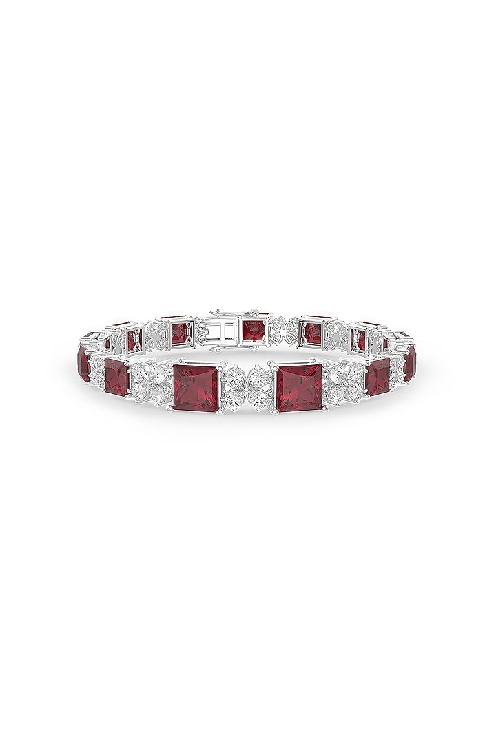White Rhodium Finish Square-Shaped Ruby & White Cubic Zirconia Crystal Tennis Bracelet In Sterling Silver by MISS JO at Pernia's Pop Up Shop