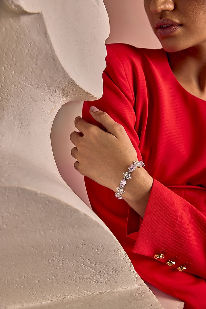 White Rhodium Finish Pink Cubic Zirconia Crystal Tennis Bracelet In Sterling Silver by MISS JO at Pernia's Pop Up Shop