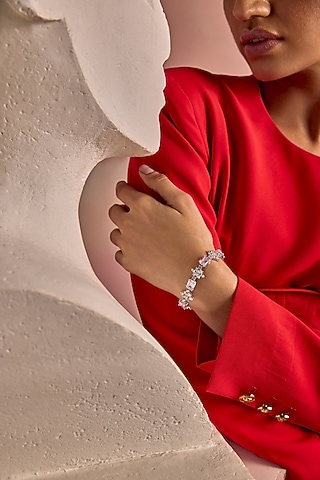 White Rhodium Finish Pink Cubic Zirconia Crystal Tennis Bracelet In Sterling Silver by MISS JO
