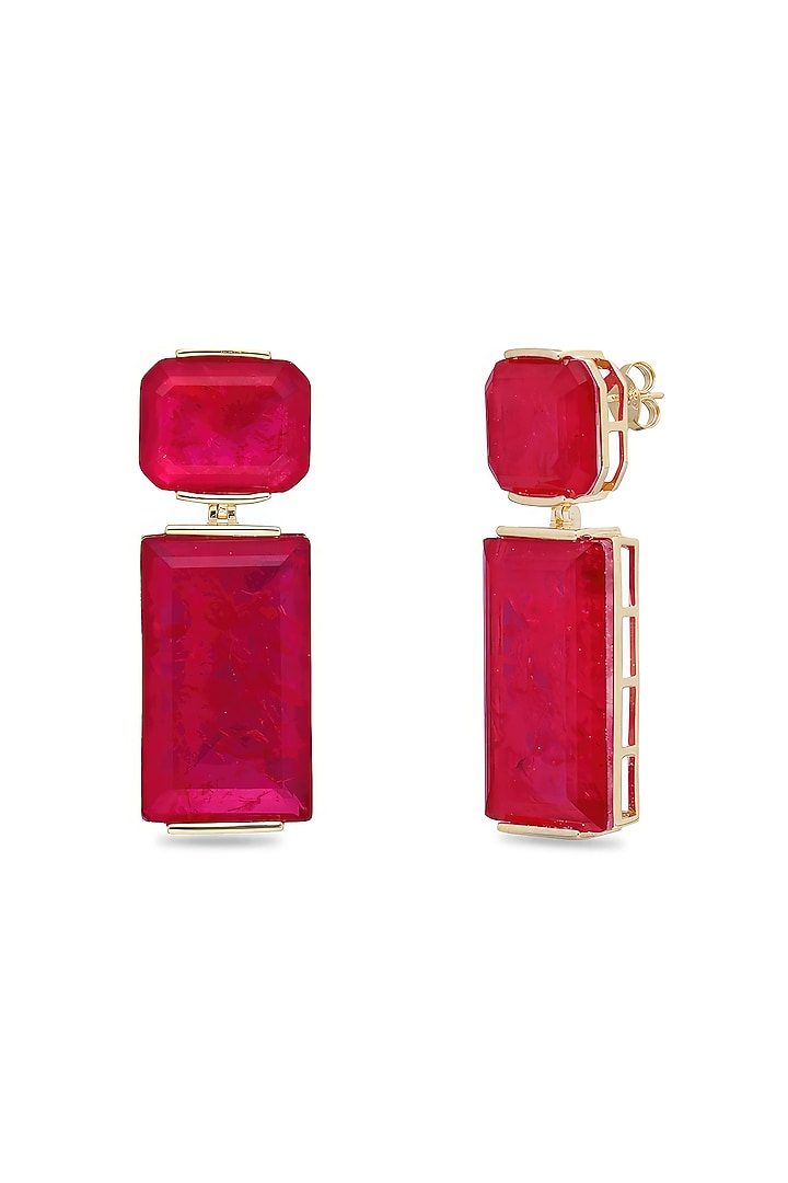 Gold Finish Deep Pink Natural Stone Dangler Earrings In Sterling Silver by MISS JO at Pernia's Pop Up Shop