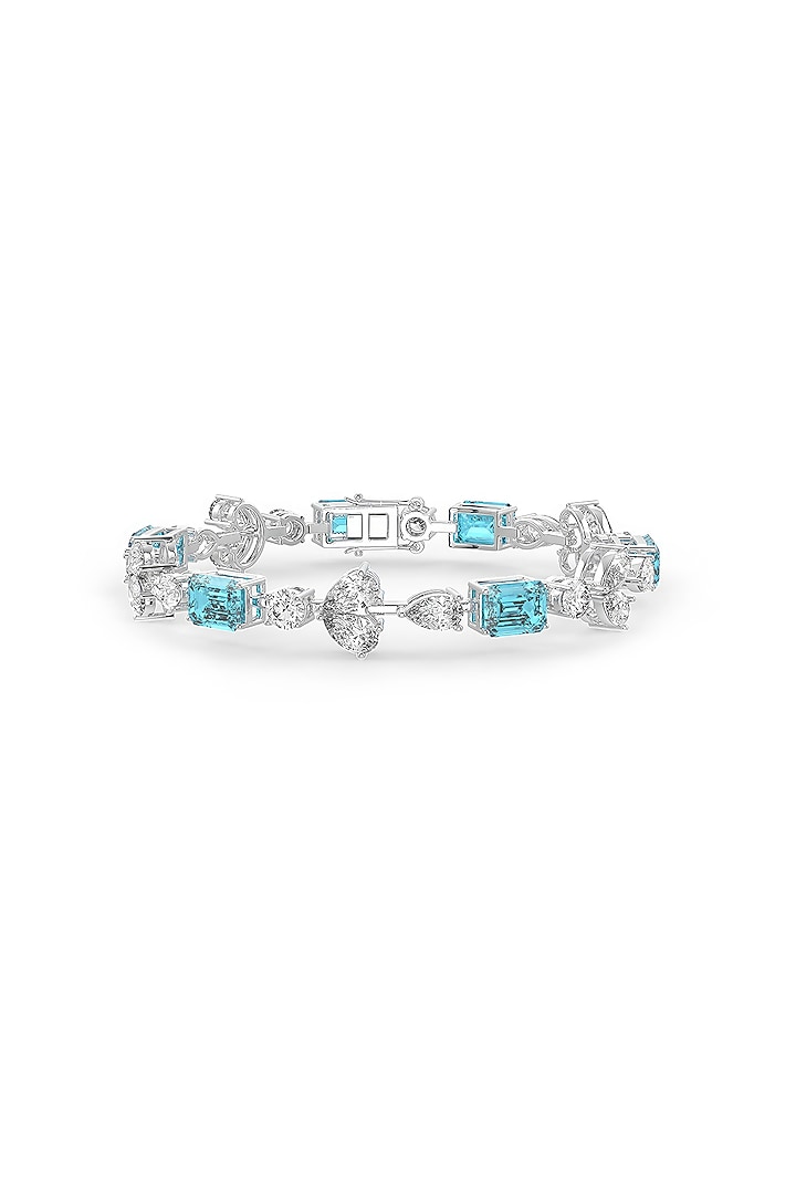 White Rhodium Finish Blue Cubic Zirconia Crystal Tennis Bracelet In Sterling Silver by MISS JO at Pernia's Pop Up Shop