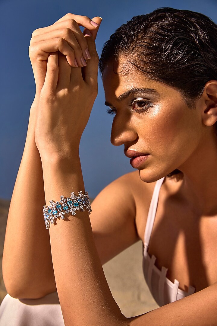 White Rhodium Finish Aqua Cubic Zirconia Crystal Tennis Bracelet In Sterling Silver by MISS JO at Pernia's Pop Up Shop