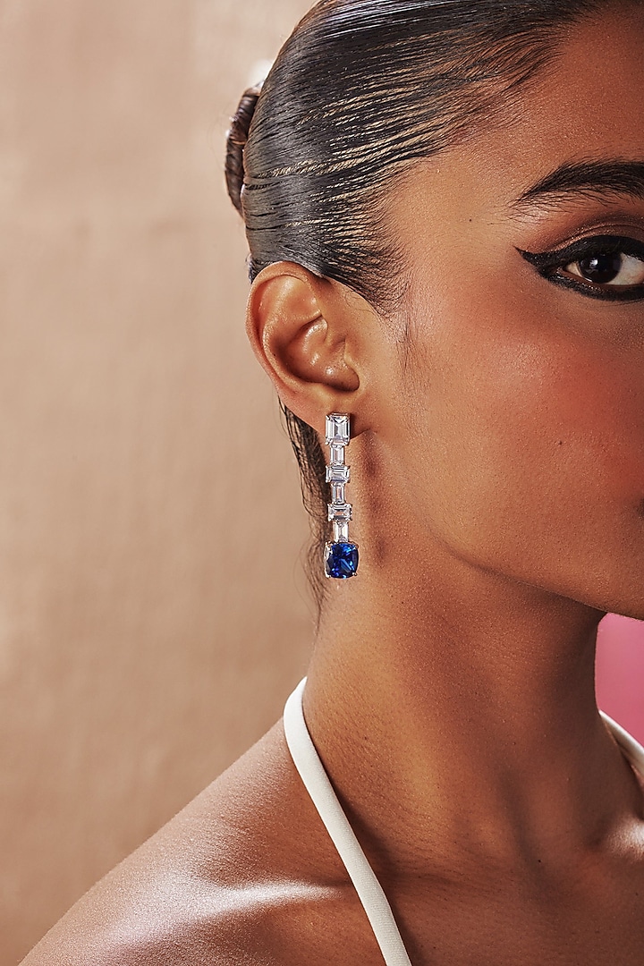 White Rhodium Finish Sapphire Cubic Zirconia Crystal Dangler Earrings In Sterling Silver by MISS JO at Pernia's Pop Up Shop