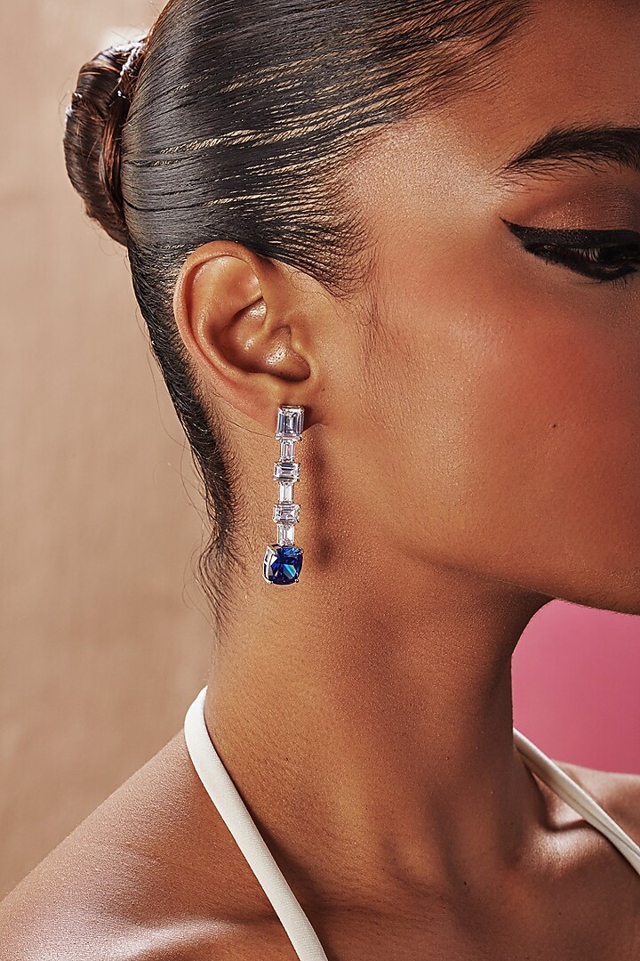 White Rhodium Finish Sapphire Cubic Zirconia Crystal Dangler Earrings In Sterling Silver by MISS JO at Pernia's Pop Up Shop