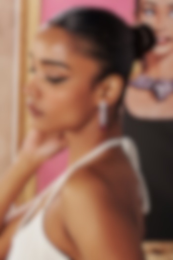 White Rhodium Finish Ruby Cubic Zirconia Crystal Dangler Earrings In Sterling Silver by MISS JO at Pernia's Pop Up Shop