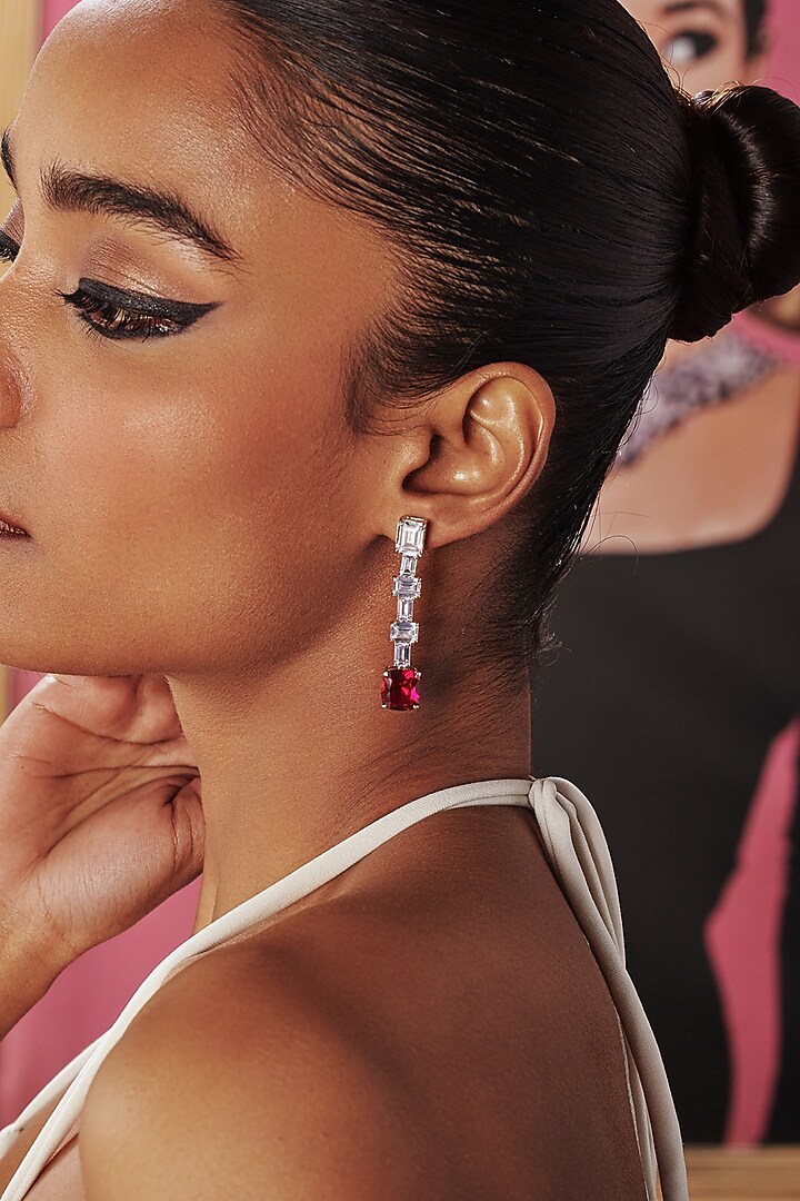 White Rhodium Finish Ruby Cubic Zirconia Crystal Dangler Earrings In Sterling Silver by MISS JO at Pernia's Pop Up Shop